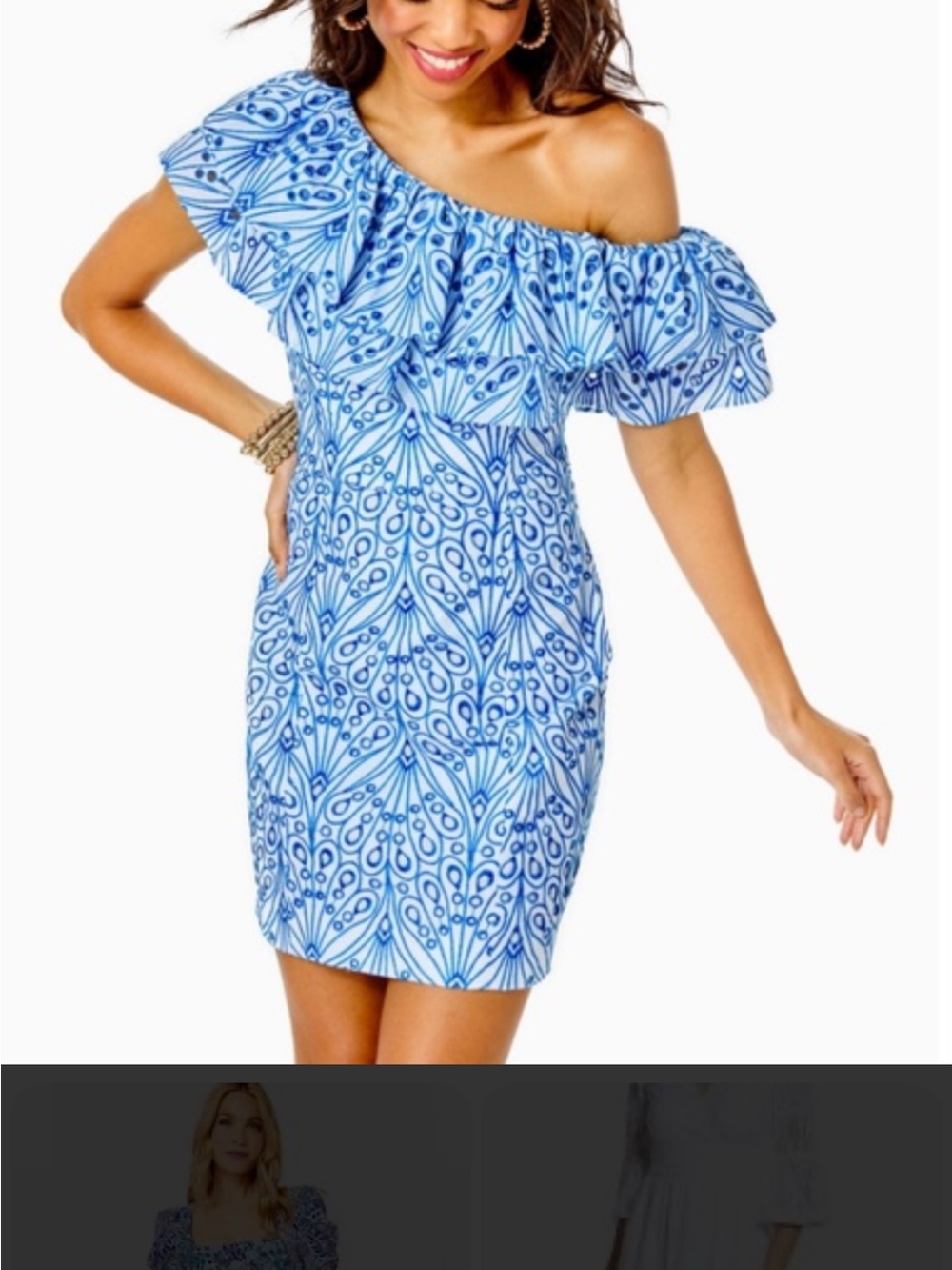 Lilly Pulitzer Blue One-Shoulder Ruffle Print Dress